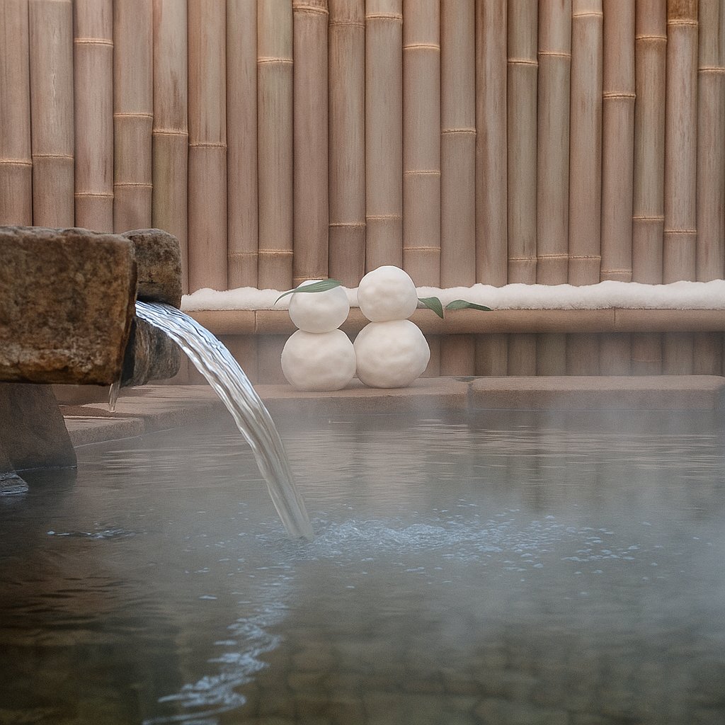 露天風呂に小さな雪だるまが並ぶ冬の黒川温泉